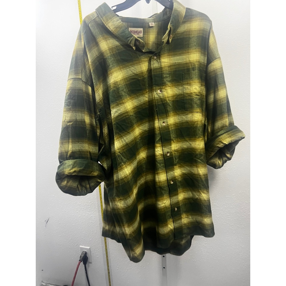Redhead Mens 5XL Flannel Shirt Green Yellow Plaid Long Sleeve Button Down Pocket